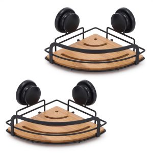 2 Pack Bamboo Corner Shower Caddy Shelf Basket Rack with Premium Vacuum Suction Cup No-Drilling for Bathroom and Kitchen