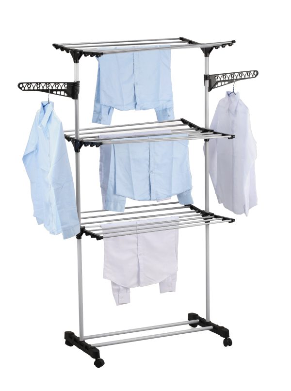 Folding 3 Tier Clothes Laundry Drying Rack with Stainless Steel Tubes for Indoor & Outdoor Home