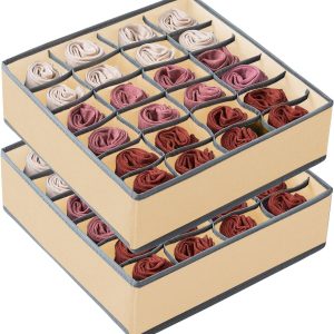 Set of 2 Fabric Drawer Organizer Divider Storage Boxes for Storing Socks, Underwear, Ties, Scarves (Beige)