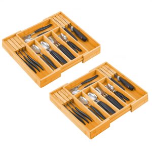 2 Pack Large Capacity Bamboo Expandable Drawer Organizer with Knife Block Holder for Home Kitchen Utensils