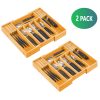 2 Pack Large Capacity Bamboo Expandable Drawer Organizer with Knife Block Holder for Home Kitchen Utensils