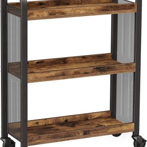 Rustic Brown Kitchen Trolley Rolling Cart with Steel Structure (66 x 26 x 85 cm)