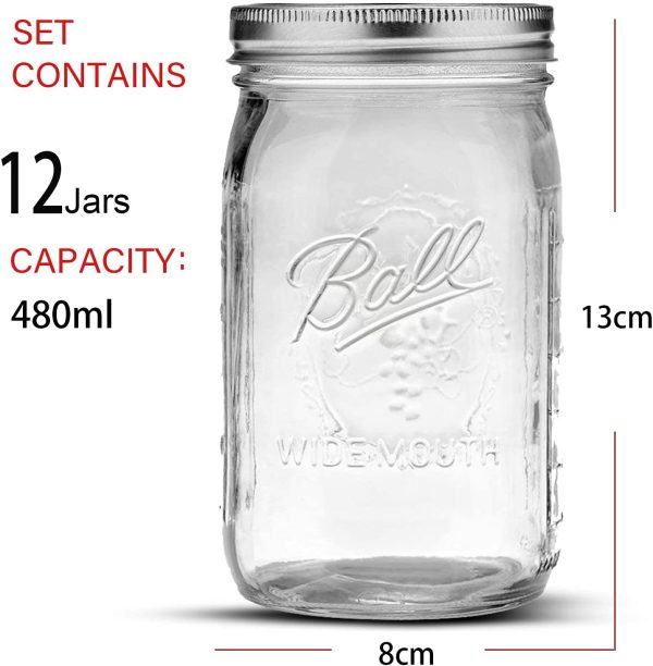 12 Pieces Canning Jars – 480ml Mason Jar Empty Glass Spice Bottles with Airtight Lids and Labels