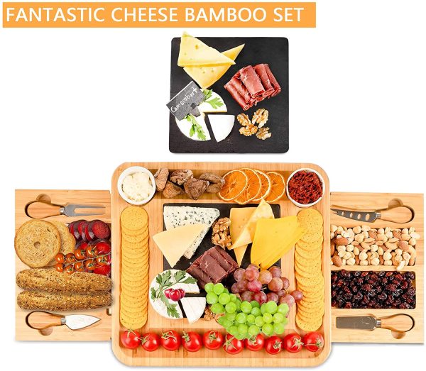 Bamboo Cheese Board and Knife Set with Cutlery including Slate Rock Tray, 4 Stainless Steel Knife & Thick Wooden tray