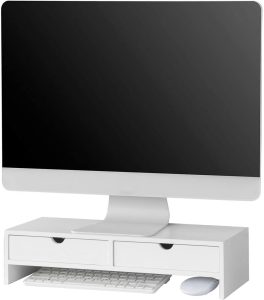 White Monitor Stand Desk Organizer with 2 Drawers