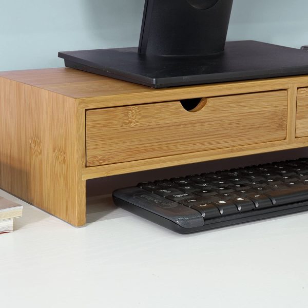 Bamboo Monitor Stand Desk Organizer with 2 Drawers