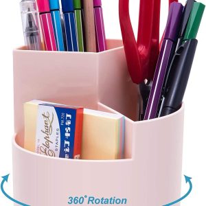 360 degree rotating multi-functional pen holder with 3 separate layer for office desk organiser (Pink)