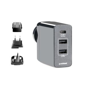 mbeat Gorilla Power 3-Port USB-C Power Delivery (PD) World Travel Charger (USB-C x 1, USB-A x 2) with Interchangeable Plugs