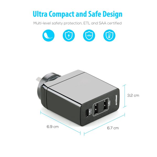 mbeat Gorilla Power 3-Port USB-C Power Delivery (PD) World Travel Charger (USB-C x 1, USB-A x 2) with Interchangeable Plugs