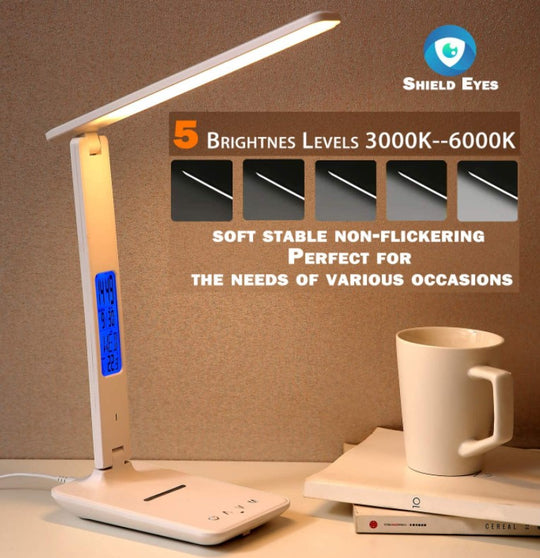 LED Desk Lamp with Fast Wireless Charger Clock Alarm Date Temperature