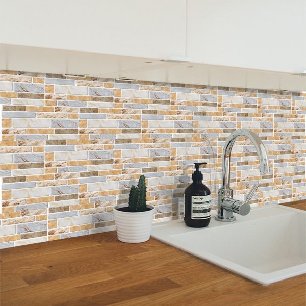 9PCS Mosaic Marble Bricks Self-adhesive Bathroom Kitchen Wall Tile Sticker – Golden Fawn