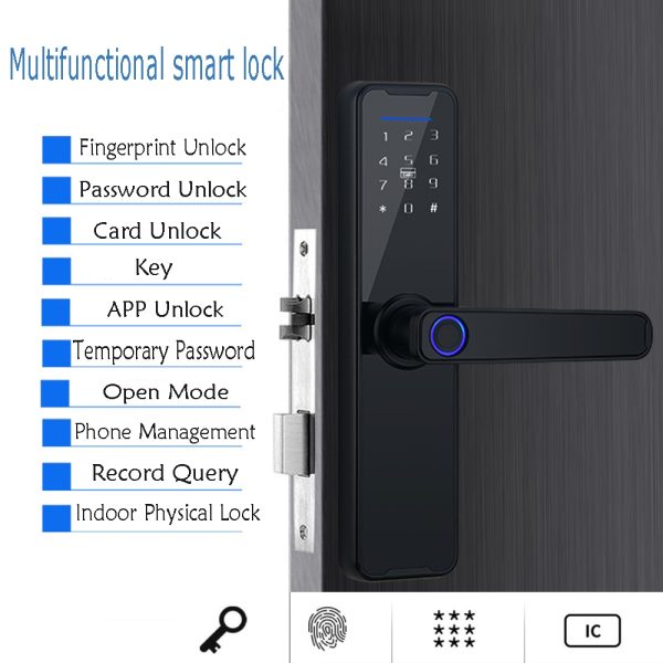 Digital Smart Door Lock Fingerprint APP Key Card Password Electronic Home Lock. – Black