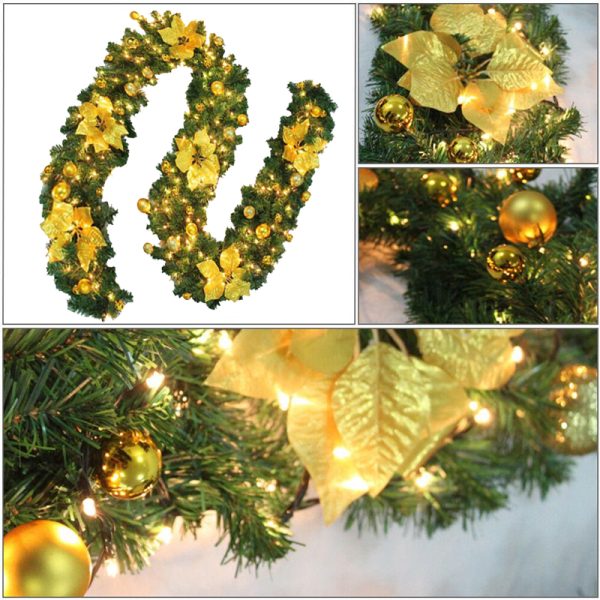 9FT Yellow Christmas Garland with LED Light Xmas Artificial Wreath Stairs Rattan Decor