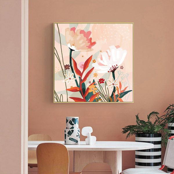 Native Floral Gold Frame Canvas Wall Art – 50×50 cm