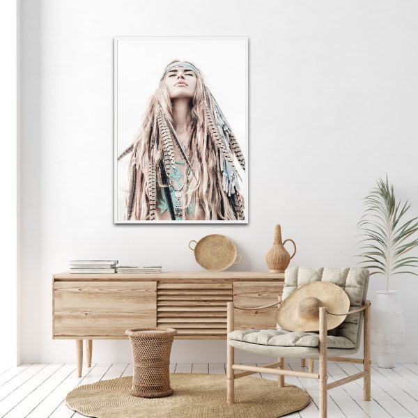 BOHO Girl White Frame Canvas Wall Art – 50×70 cm