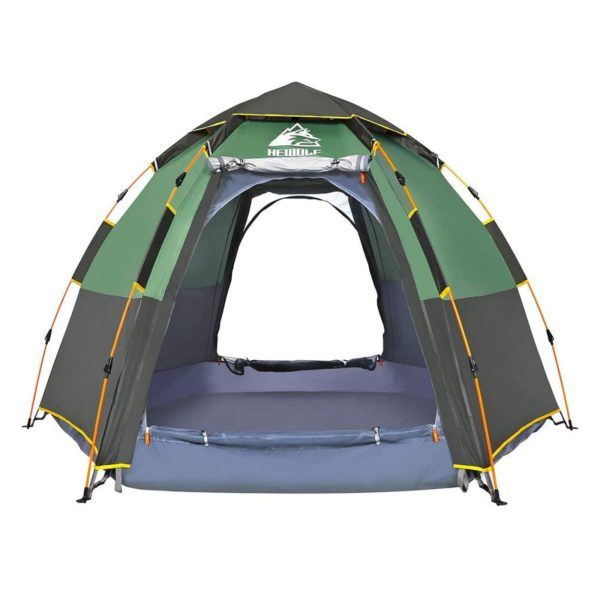 Waterproof Instant Camping Tent 4/5/6 Person Easy Quick Setup Dome Hexagonal Family Tents For Camping, Double Layer Flysheet Can Be Used As Beach Shel – Green