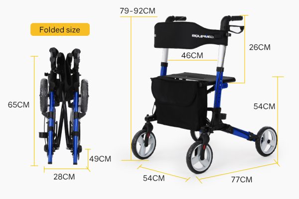 EQUIPMED Rollator Walking Frame Walker Foldable Seat Mobility Aid Aluminium – Blue