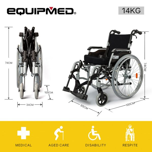 EQUIPMED 24 Inch Portable Folding Wheelchair 24″ Mobility Wheel Chair Alloy, Senior Elderly Aid