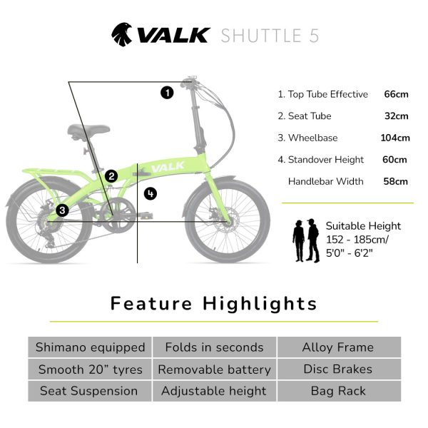 VALK Shuttle 5 Electric Folding Bike, Gen II, 20″ Tyres, Shimano 7-Speed – Lime Green