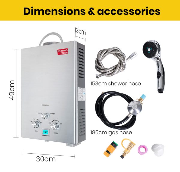 Thermomate Outdoor Water Heater Gas Camping Portable Tankless Hot Shower. – Silver