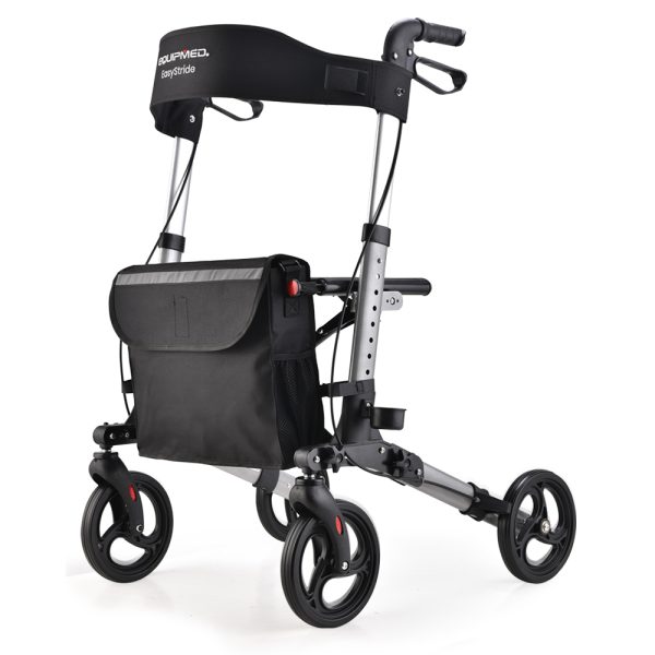 EQUIPMED Foldable Aluminium Walking Frame Rollator with Bag and Seat – Silver