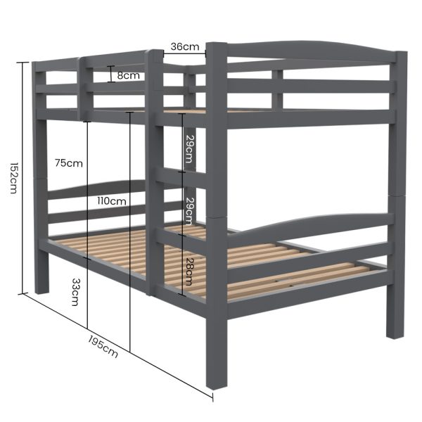 Kingston SlBunk Bed Frame Single Wooden Children Timber PIne Wood Loft Kids Bedroom Furniture