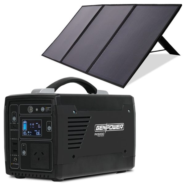 GENPOWER Portable Power Station Lithium 300W/600W 21Ah 307Wh Solar Generator with 100W Folding Solar Panels