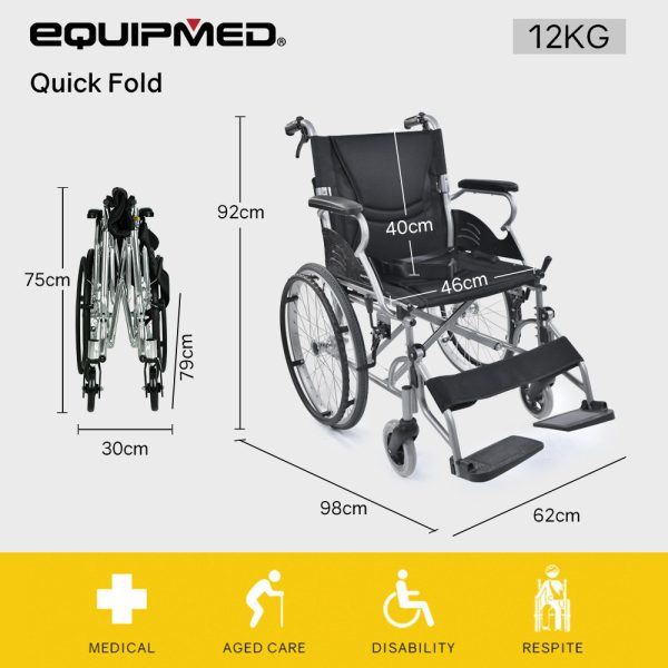 EQUIPMED 20 Inch Folding Wheelchair Lightweight Aluminium Portable with Park Brakes, Black