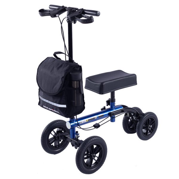 EQUIPMED Knee Scooter Walker, 10 inch Tyres Dual Brakes Bag – Broken Leg Ankle Foot Mobility – Crutches Alternative – Blue