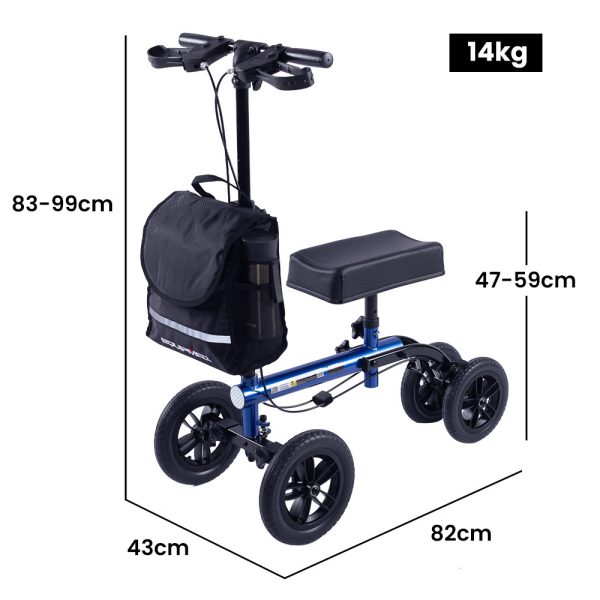 EQUIPMED Knee Scooter Walker, 10 inch Tyres Dual Brakes Bag – Broken Leg Ankle Foot Mobility – Crutches Alternative – Blue