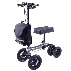 Knee Scooter Walker, 10 inch Tyres Dual Brakes Bag - Broken Leg Ankle Foot Mobility - Crutches Alternative - Titanium colour