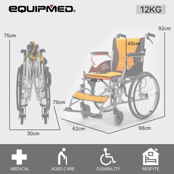 EQUIPMED Folding Aluminium Wheelchair, 20″ Wheels, Park Brakes, 100kg Capacity, Orange