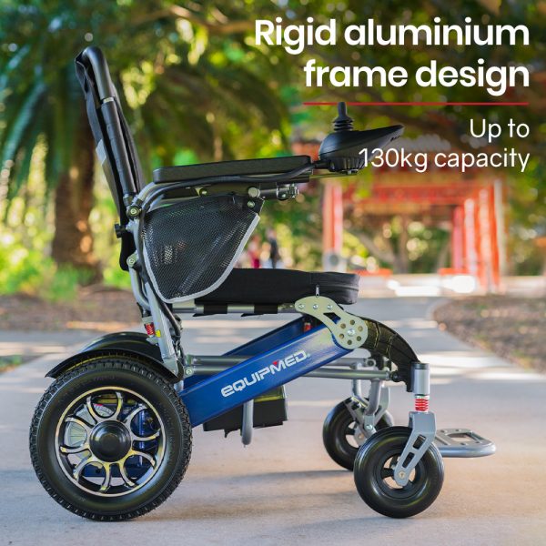 EQUIPMED Electric Folding Wheelchair Power, Long Range, Folding, Aluminium Frame, Lithium Battery, Blue