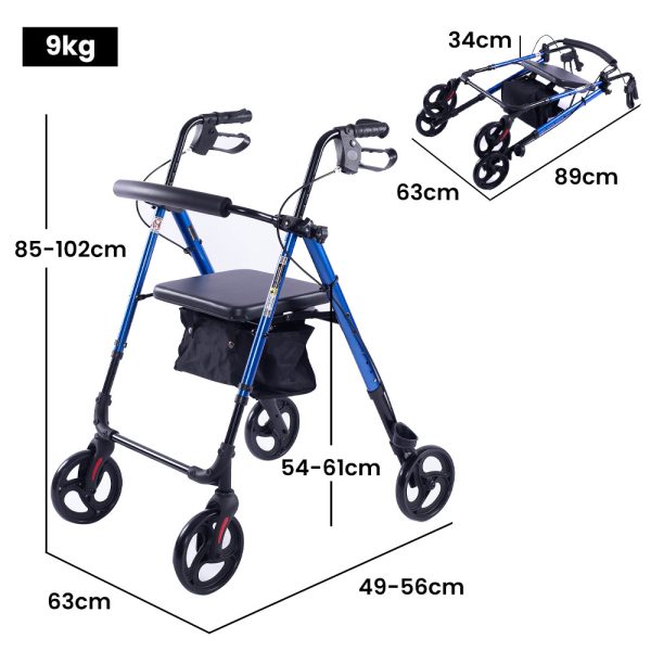 EQUIPMED 4 Wheel Lightweight Rollator Walker, Aluminium Frame, Seat, Carry Bag, for Seniors, Blue