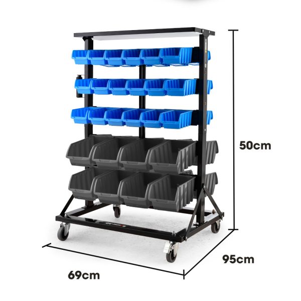 BAUMR-AG 52 Parts Bin Rack Storage System Mobile Double-Sided – Blue