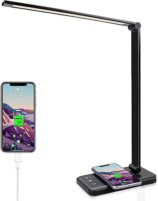 LED Desk Lamp with Wireless Charger & USB Charging Port with 5 Brightness Levels & 5 Lighting Modes (Black) GO-DLWC-101-JLL