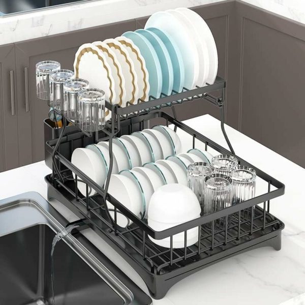 2 Tier Dish Drying Rack with Drain Board and Drip Tray for Kitchen Countertop (Black) GO-DR-102-JTM