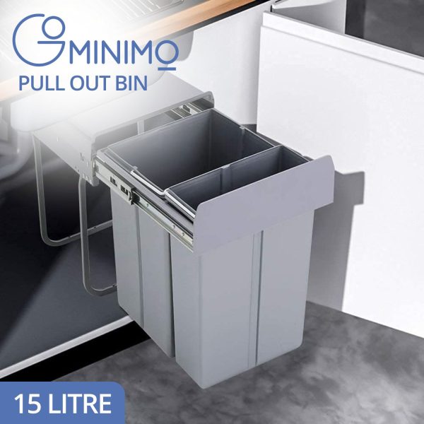 2x15L Kitchen Twin Pull Out Bin (Grey)