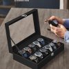 12-Slot Watch Box with Large Glass Lid and Removable Watch Pillows Black Lining