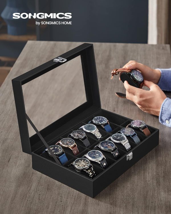 12-Slot Watch Box with Large Glass Lid and Removable Watch Pillows Black Lining