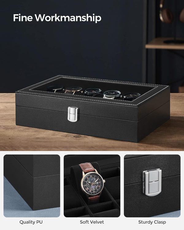 12-Slot Watch Box with Large Glass Lid and Removable Watch Pillows Black Lining