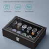 12-Slot Watch Box with Large Glass Lid and Removable Watch Pillows Black Lining