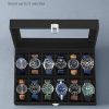 12-Slot Watch Box with Large Glass Lid and Removable Watch Pillows Black Lining