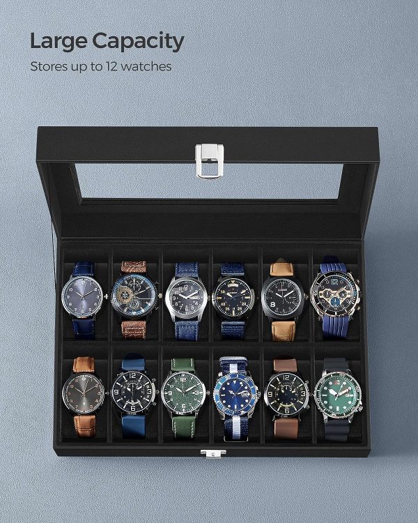 12-Slot Watch Box with Large Glass Lid and Removable Watch Pillows Black Lining