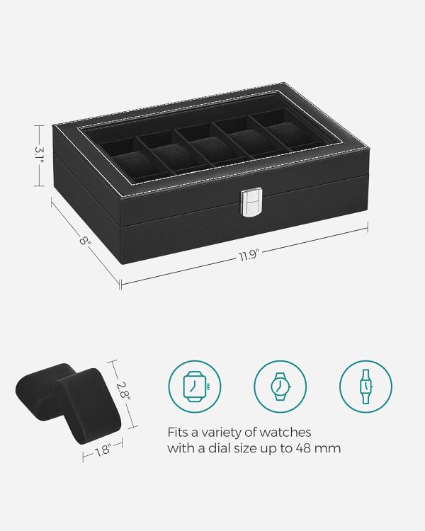 12-Slot Watch Box with Large Glass Lid and Removable Watch Pillows Black Lining