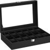 12-Slot Watch Box with Large Glass Lid and Removable Watch Pillows Black Lining