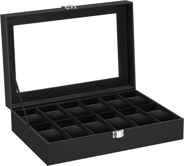 12-Slot Watch Box with Large Glass Lid and Removable Watch Pillows Black Lining