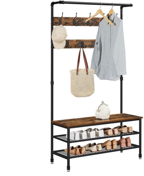 Coat Rack Stand with 9 Hooks and Shoe Rack, Industrial Style, Multifunctional Hall Tree, Sturdy Steel Frame