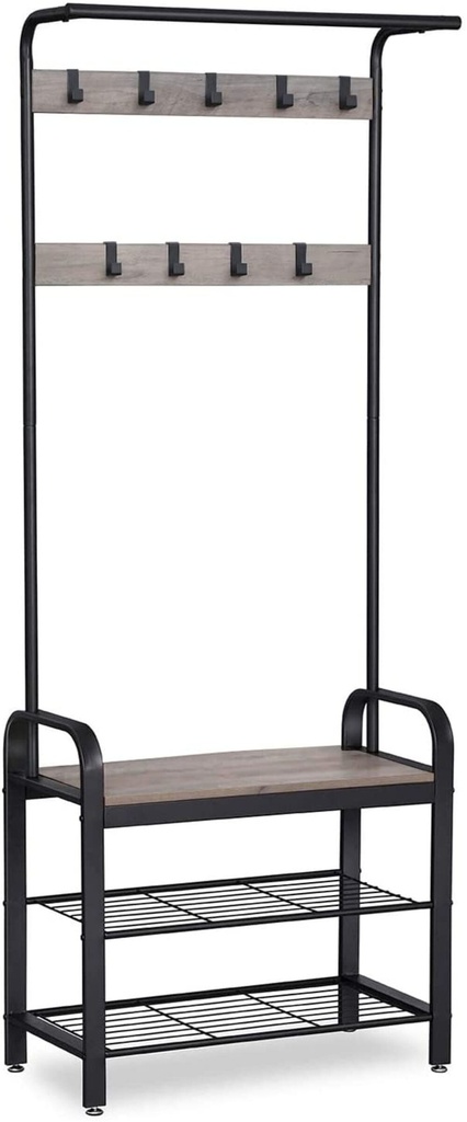 Entryway Hall Tree Coat Rack 183cm Shoe Bench with Shelves Greige and Black