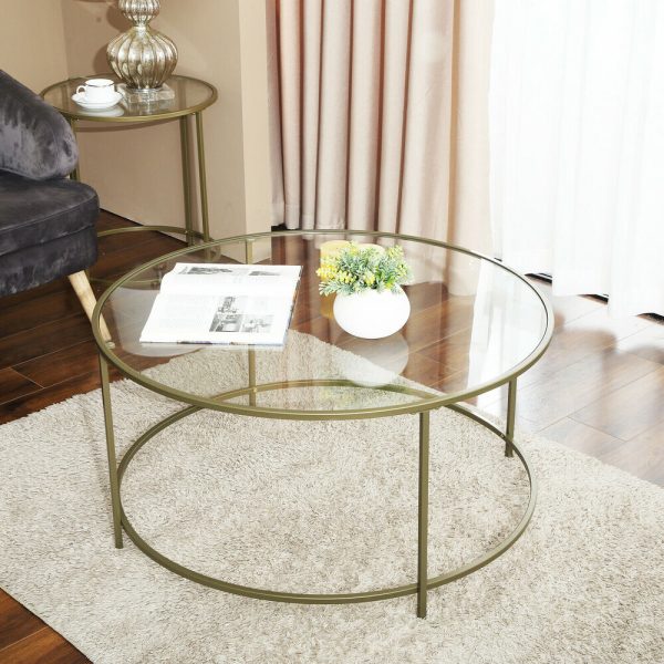 Round Glass Top Coffee Table with Metal Frame